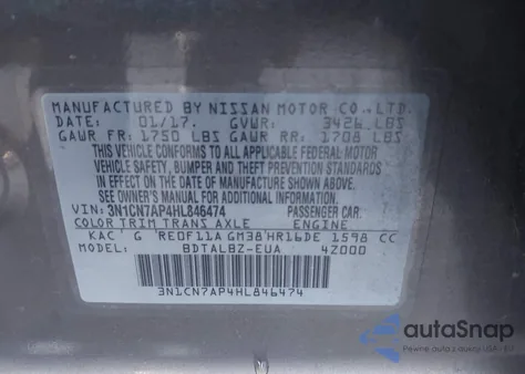 2017 Nissan Versa 1.6 Sv from USA, damaged, VIN 3N1CN7AP4HL846474